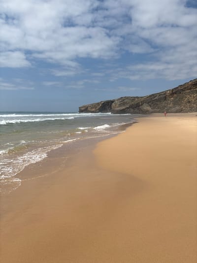 The image depicts a sandy beach with moderate waves crashing on the shore under a partly cloudy blue sky. The beach is wide and stretches towards a rocky cliff face in the background. A solitary person, dressed in red, walks along the beach in the distance. The scene is located at Praia da Amoreira, a beach within the municipality of Aljezur, Portugal. The environment suggests a natural, undeveloped coastal area.