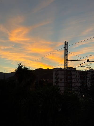 This image captures a serene sunset over Vallecrosia al Mare, Italy. The sky is a canvas of soft oranges and yellows, with wispy clouds stretching across the blue expanse. In the foreground, the silhouettes of palm trees create a dark, lush border, their fronds reaching towards the vibrant sky. Behind the trees, a multi-story building with balconies stands in stark contrast to the natural beauty of the sunset. A utility pole, part of the town's infrastructure, rises vertically, its wires crisscrossing the frame. In the distance, the outlines of hills gently slope towards the horizon, their dark forms framing the illuminated sky. The overall atmosphere is one of tranquility, a moment frozen in time as day transitions to night.