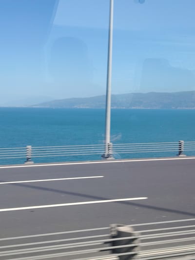 The image captures a bright, sunny daytime scene from a moving vehicle, likely on a bridge or coastal highway in Dilovası, Turkey. The foreground shows a wide, dark asphalt road with two prominent white dashed lines indicating lanes. A light grey utility pole stands on the left side of the road, and a sturdy guardrail with multiple horizontal bars extends across the mid-ground, separating the road from the body of water below.
Beyond the guardrail, a vast expanse of calm, deep blue sea stretches towards the horizon. In the distance, a long landmass with rolling mountains is visible, featuring scattered coastal settlements along its base. The sky above is clear and light blue, indicating fair weather.
Notable details include reflections on the window through which the photo was taken. A distinct silhouette of a person's head and upper body is visible in the upper left portion, along with other faint, indistinct reflections across the sky and sea. These reflections and a subtle motion blur on the road and guardrail suggest the image was captured from a vehicle in transit. There is no visible text in the image.