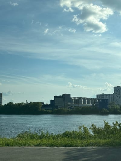 The image depicts an urban-industrial waterfront scene under a bright, partly cloudy sky, characteristic of an area in Krasnaya Zarya, Russia. The sky, occupying the upper two-thirds of the frame, is light blue with scattered white cumulus and wispy cirrus clouds; a faint, linear contrail or cloud streak is visible in the upper center.
In the mid-ground, a wide body of dark blue-grey water, likely a river, extends across the frame, exhibiting subtle ripples on its surface. Beyond the river, the opposite bank features a dense band of green trees. Above the treeline, a substantial industrial complex dominates the central horizon. This complex includes multiple dark-colored buildings and a prominent series of large, reflective silver cylindrical silos, suggesting a grain elevator or similar storage facility. To the left of the complex, a tall, light-colored high-rise building is partially visible, while to the right, several other multi-story residential or commercial buildings are discernible, partially obscured by foliage. A slender industrial chimney is also visible above the trees on the left side of the complex.
The foreground consists of a strip of varied green vegetation, including grass, bushes, and reeds, directly bordering the water on the viewer's side. Below this vegetation, a dark grey asphalt or paved surface, possibly a road or pathway, occupies the bottom portion of the frame, with subtle shadows cast upon it from the right. No individuals or active movements are visible in the scene.