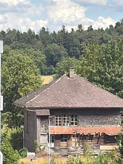 The image captures an aged, multi-story wooden building situated amidst lush greenery, likely in Lotzwil, Switzerland, given the context. The building's facade displays weathered wooden planks and shingles, with a prominent, aged, shingled roof topped by a brick chimney. Several windows are visible, some with multiple panes, and a section of the roof is covered in red tiles, some of which appear damaged or missing. The lower part of the building shows signs of disrepair, with sections of wood appearing worn and there is a boarded-up opening. The surroundings are dominated by various types of trees, creating a dense forest backdrop. A bright sky with scattered clouds is visible above the tree line. There are no people or animals visible in the scene. The overall impression is one of an old, possibly abandoned, structure in a rural or semi-rural setting.