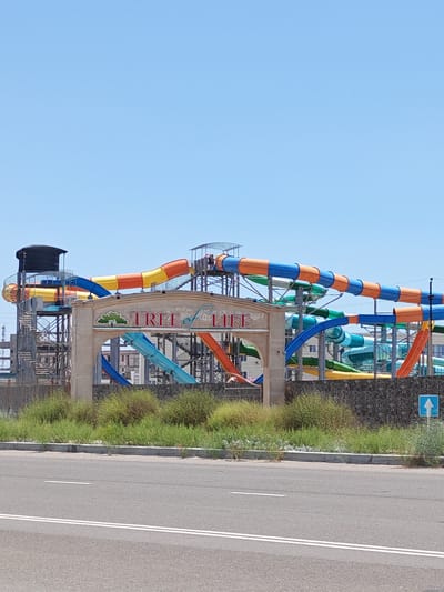 This image shows a water park with several colorful slides under a clear blue sky. The slides are a mix of orange, yellow, blue, and green tubes that twist and turn. In the foreground, there is an archway with the text "TREE of LIFE" visible on it. A stylized green tree is depicted above the text.
To the left of the archway, a spiral staircase leads up to a platform. There are some industrial-looking structures behind the water park slides. In front of the water park, there is a stone wall and a patch of green bushes and grass. A road with white lane markings is in the very foreground, suggesting the photo was taken from across the street.
The lighting suggests it is daytime, likely midday, with bright sunlight. The weather appears to be clear and sunny. The scene evokes a sense of fun and recreation, typical of a water park on a warm day. There are no people clearly visible in the image, but the presence of the slides indicates it's a place for people to enjoy themselves. The location cues are minimal, with only the archway text and the general appearance of a water park to go by.