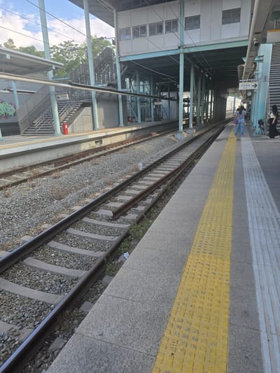 This is an eye-level, outdoor, medium-shot photograph taken at a train station. The scene depicts train tracks running diagonally from the lower left to the upper right of the frame. The tracks are surrounded by gravel and concrete. To the right of the tracks is a train platform with a yellow tactile paving strip along the edge. Beyond the platform, a building structure with blue supports and a white facade is visible. There are also stairs and an "Exit" sign in Greek and English. Two women are standing on the platform, and another person is visible further down the platform. The sky is blue with some clouds, and trees are visible in the background. The location is identified as the Agii Anargiri train station in Agii Anargiri, Greece.