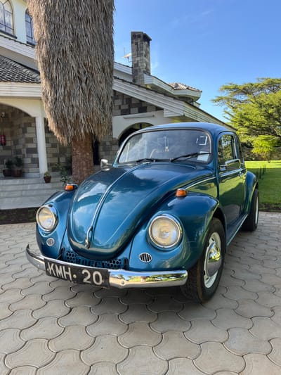 A blue vintage Volkswagen Beetle is parked on a patterned stone driveway. The car has chrome bumpers and a license plate that reads "KMH 20." A two-story house with a tiled roof, a large thatched-roof structure extending from its side, and a brick chimney is in the background. Above the house, a tree with green leaves and a clear blue sky are visible.
