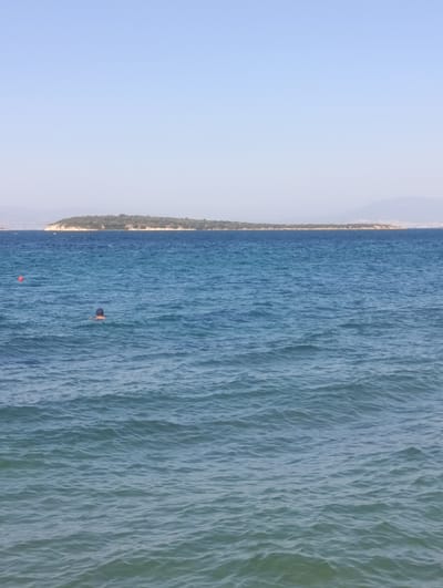 The image depicts a serene seascape with a clear blue sky overhead. The vast expanse of the sea dominates the frame, with gentle waves rolling across its surface. In the middle distance, a narrow, tree-covered island stretches horizontally, its green foliage contrasting with the deep blue of the water. The distant horizon is softened by a light haze, hinting at land beyond.

A person is visible in the water, appearing to be swimming or treading water. Only their head and shoulders are above the surface, and they are wearing an orange swim cap. Nearby, a small, bright orange buoy floats, indicating a designated area or marker. The overall atmosphere is peaceful and tranquil, suggesting a calm day at the beach. The time of day appears to be late morning or early afternoon, given the bright, clear light. The location cues, such as the island and the quality of light, are consistent with a Mediterranean or Aegean coastal setting, specifically Urla, Turkey, as indicated. No text is visible in the image.