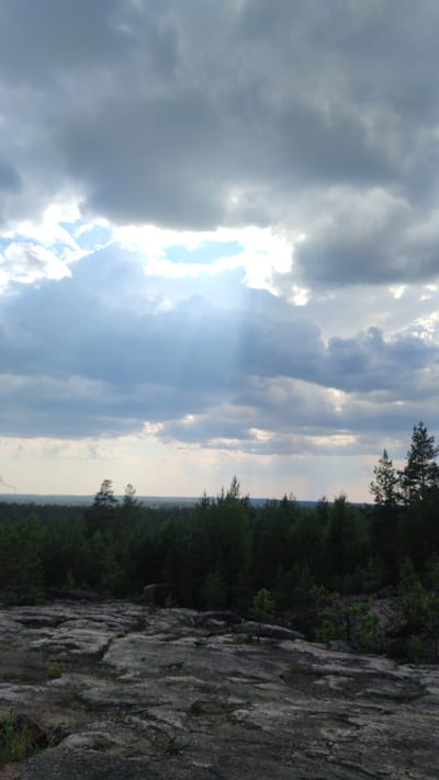 The image depicts a rocky, elevated landscape overlooking a dense coniferous forest under a dramatic, cloud-filled sky. The foreground is dominated by a rough, uneven surface of light gray and beige rock formations, with patches of sparse green vegetation. In the middle ground, a vast expanse of dark green pine trees stretches to the horizon, forming a thick forest canopy. Above the treeline, the sky is filled with heavy, dark gray clouds, punctuated by shafts of sunlight breaking through in places, creating a dramatic and atmospheric effect. The light suggests either early morning or late afternoon. The scene appears to be a natural, undeveloped area, possibly a viewpoint or a hiking trail, with no immediate signs of urban development or human presence within the frame. The location is not explicitly identifiable as Pitkyaranta, Russia, based solely on the visual elements present.