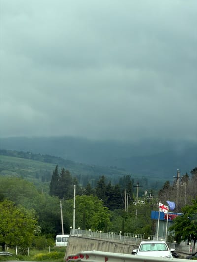 From an elevated vantage point near Tserovani, Georgia, a landscape scene unfolds under a cloudy, overcast sky. The terrain transitions from a lush green foreground to a hazy, distant valley. Flags representing the European Union, the United States, and Georgia are displayed near a guardrail and a white vehicle. Trees and utility poles punctuate the landscape.