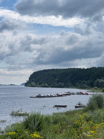 The image depicts a wide, calm river with a dark green, dense forest lining the far bank, which slopes upwards. The sky is overcast with dramatic, textured grey and white clouds interspersed with patches of blue. In the foreground, along the edge of the river, is a lush, green bank with various plants, including yellow wildflowers. Several small boats are moored to a floating dock on the water. One red-brown rowboat is partially submerged and adrift in the water near the foreground bank. The scene is static and appears to be a natural landscape with man-made additions of the boats and dock. The location is identified as Golyanovo, Russia.