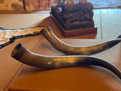 The image shows two ornate drinking horns, possibly made from animal horns, placed on a textured brown mat. One horn is positioned in the foreground, curving to the right, while the other is further back and to the left, also curving to the right. Both horns have decorative metal bands around their openings, featuring intricate patterns. Behind the horns, a piece of fur with dark edging is laid out on a similar mat. In the background, a stone wall with visible brickwork can be seen, and a dark, rough-textured object on a wooden stand, possibly a decorative sculpture, is present. The scene appears to be indoors, with the lighting suggesting it might be a dimly lit room or a location with natural light filtering in. The overall impression is one of historical or cultural artifacts displayed in a setting that might be a museum, a historic building, or a themed environment. Considering the mention of Trakai, Lithuania, this could be a display within Trakai Castle or a related historical site, showcasing artifacts reminiscent of medieval or ancient traditions.