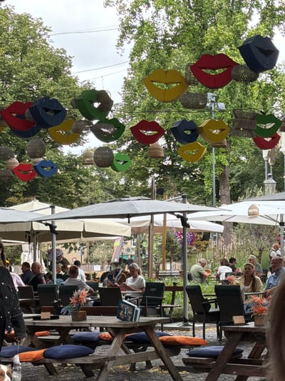 The image depicts an outdoor seating area, likely a cafe or restaurant, adorned with colorful, oversized lip-shaped decorations suspended from overhead wires. These decorations are made of wood and painted in vibrant hues of red, yellow, blue, and green, interspersed with woven spherical light fixtures. In the background, lush green trees form a natural canopy.

Beneath the decorations, numerous tables and chairs are arranged, some covered by large white and grey umbrellas. Several individuals are seated at these tables, engaged in various activities such as dining, conversing, or looking at their phones. The atmosphere appears casual and relaxed.

The foreground features a wooden picnic-style table with blue and orange cushions on the benches. A small floral arrangement in a pot sits on the table, along with a book or magazine. A dog is partially visible in the lower left corner of the frame.

The scene suggests a lively, open-air dining or social space. While the exact location is not explicitly stated, the presence of Dutch flags and the overall ambiance are consistent with a European setting. Based on visual cues and context, this location is likely in Roermond, Netherlands, potentially within or near the city center, given the presence of outdoor dining and decorative elements often found in popular tourist or commercial areas.