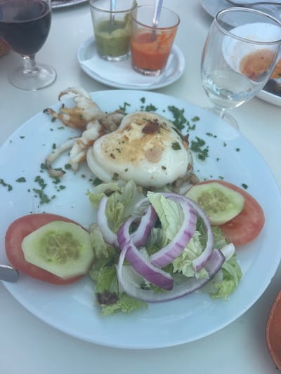 The image shows a close-up of a white plate on a white table, likely in an outdoor restaurant setting in Santa Cruz de Tenerife, Spain, given the presence of local cuisine elements. The main subject is a grilled cuttlefish, presented whole with its tentacles spread. It is garnished with chopped parsley and appears to be seasoned with herbs and possibly garlic.
Adjacent to the cuttlefish is a small salad consisting of shredded lettuce, thin slices of red onion, and two circular pieces of salad: one slice of tomato topped with a slice of cucumber.
In the background, several glasses are visible. On the left, a glass of dark red liquid, likely wine, is present. Next to it are two small glasses, one containing a green sauce and the other a reddish sauce. Further to the right, an empty wine glass with remnants of a light-colored liquid is also visible.
The lighting suggests an outdoor daytime setting, with soft shadows cast by the objects. The overall presentation is casual and appetizing, typical of a meal served at a seaside eatery. The presence of the specific sauces and the grilled seafood strongly hints at a Spanish culinary context, and Santa Cruz de Tenerife is a plausible location for such a dish and restaurant style.