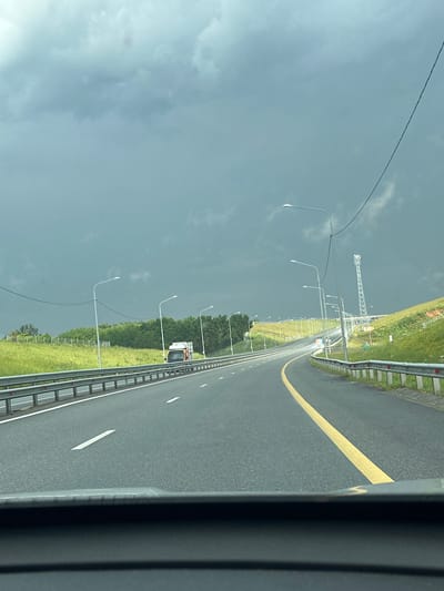 The image depicts a highway scene in Старое Русское Маматкозино, Russia. The perspective is from inside a vehicle, looking out at the road stretching into the distance. The highway is paved and has a yellow line marking the lane division. On the left side of the road, there is a grassy embankment with a series of streetlights and some trees. A large overhead gantry or structure is visible in the distance. On the right side of the road, a dark, possibly metallic, structure, likely part of the vehicle the photo is taken from, occupies the foreground. The sky is overcast and appears dark, suggesting cloudy or possibly stormy weather. The lighting conditions indicate it is daytime. There is no visible text in the image. The scene conveys a sense of travel or transit on a highway.