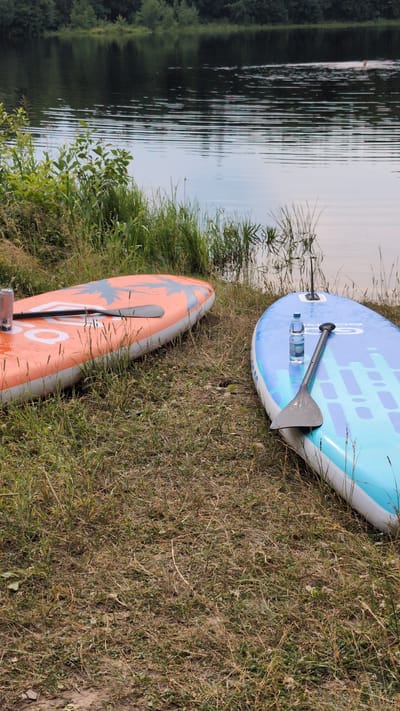 Two paddleboards are resting on the grassy shore of a calm lake in Yarishnoe (Zinyakovskii S/S), Russia. The board on the left is orange with a palm tree silhouette design and a paddle placed on top. The board on the right is light blue with a geometric pattern and a paddle resting on it, along with a clear plastic bottle of water. The lake water is calm with gentle ripples, reflecting the dark green trees lining the opposite shore. Tall grasses and reeds grow along the water's edge. The scene is tranquil and appears to be set during daylight hours.