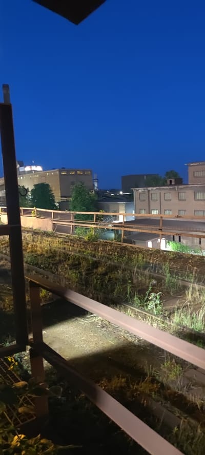 The image depicts an industrial area at dusk or night. In the foreground, a rusted metal railing runs horizontally across the frame. Beyond the railing, overgrown vegetation and what appear to be abandoned railway tracks are visible. In the background, several large, multi-story industrial buildings are illuminated, with some windows lit from within. One prominent building has a smokestack. The sky is a deep blue, suggesting it is either early morning or evening. The scene conveys a sense of disuse and decay within an industrial setting. This scene is likely located in the city of Salzgitter, Germany, an area known for its heavy industry, particularly steel production.