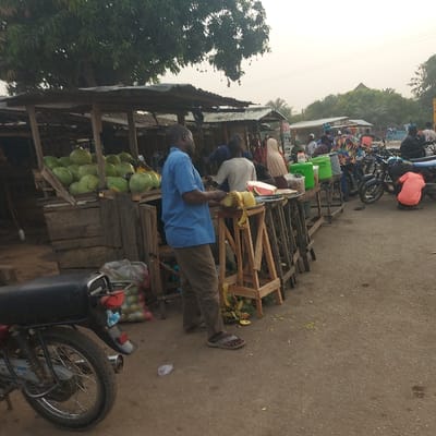The image captures an outdoor market scene, likely along a dirt or gravel road, featuring multiple informal stalls and several individuals. The perspective is from slightly above, looking down a stretch of the market.
In the foreground, slightly to the right, a dark-colored motorcycle is parked, showing its rear wheel and part of its seat.
The most prominent figure is a man standing in the middle ground, facing left. He wears a light blue short-sleeved shirt and dark brown or khaki trousers, with dark sandals on his feet. He is holding a large, peeled yellow fruit, consistent with a pineapple, in both hands, appearing to be eating it or preparing it.
He stands near a wooden stall to his left, which is laden with a large pile of green, round fruits, clearly identifiable as watermelons. Another wooden structure or table is positioned to his right, displaying a large slice of red watermelon and some discarded fruit peels, likely from pineapples.
Further down the market path, extending into the background, are more wooden stalls displaying various items. Some green plastic containers or jerry cans are visible on one of these stalls. Several other people are scattered among the stalls, some appearing to be vendors or customers. One person in the mid-ground wears a light-colored top, while another in the background is seen wearing a bright pink or red top.
In the background, a line of motorcycles or bicycles is parked alongside the market stalls, indicating a common mode of transport for the area. The ground throughout the market area is unpaved, consisting of dirt or gravel. To the far left, and in the distant background, green trees and lush foliage are visible under a bright, somewhat overcast or hazy sky, suggesting it is daytime but without direct, strong sunlight. The overall atmosphere suggests a busy, local trading environment. No discernible text is visible in the image.
