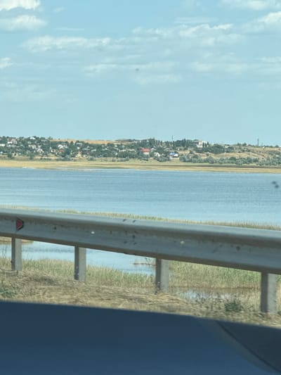 The image displays a body of water with a coastline dotted with houses and trees, likely a village. A metal guardrail runs along the foreground, separating the viewer from the water and the marshy vegetation by the shore. The sky is partly cloudy with a light blue hue. This scene is consistent with the coastal area of Koshary, Ukraine, which is known for its proximity to the Black Sea and its picturesque villages.