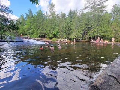 The image depicts a natural swimming area on a sunny day, likely a river or a lake, with a dense forest bordering the water. Several people are visible, engaged in various water activities. Some are swimming or wading in the water, while others are sitting on rocks or the shore. A small waterfall or rapids are present on the left side of the frame, with water cascading over rocks. The water reflects the blue sky and the surrounding greenery. The overall atmosphere is recreational and relaxed. This location is likely the "Chutes de la Rivière Shawinigan" in Shawinigan, Canada, a known natural attraction with similar features.