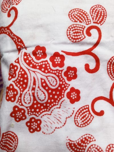 The image showcases a white textile adorned with red floral and paisley-like patterns. Small, five-petal flowers with circular centers are dispersed around a larger, central design featuring teardrop shapes outlined in red. This central motif is encircled by red dots and smaller floral elements. Wavy, vine-like structures with curled ends weave through the design, connecting various floral clusters. The fabric's texture is visible, adding depth to the red and white contrast.
