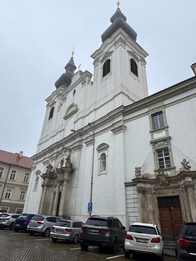 The image displays the exterior of the Church of the Exaltation of the Holy Cross (Kostel Povýšení svatého Kříže) in Znojmo, Czechia, as viewed from Mariánské náměstí, under an overcast sky. The prominent Baroque church features a white facade with intricate details, including decorative pilasters, cornices, and niches containing statues. It has two large, square bell towers topped with dark, onion-shaped domes, each crowned with a golden finial and a cross.

At ground level, the facade presents two distinct ornate entrances: a more elaborate central portal flanked by columns and statues, and a simpler entrance to the right with a dark wooden double door beneath a decorative archway. Bird netting is visible across some of the architectural details on the right side of the facade.

A row of multiple passenger vehicles is parked on the damp, cobblestone street directly in front of the church. Visible vehicles include a dark Mercedes-Benz GLE SUV (Czech license plate 8AM 7852) and a white Mercedes-Benz B-Class (Czech license plate EL9 74AV) in the foreground, followed by a silver Audi A4 Avant (Czech license plate 3U0 0087), a silver hatchback, a blue hatchback, and a silver SUV extending to the left. A grey metallic lamp post with a blue parking sign ("P") is positioned in the mid-ground, between the parked cars and the church facade. To the far left, a multi-story building with a light-colored facade and a brown-tiled roof is partially visible. No individuals are present in the scene.