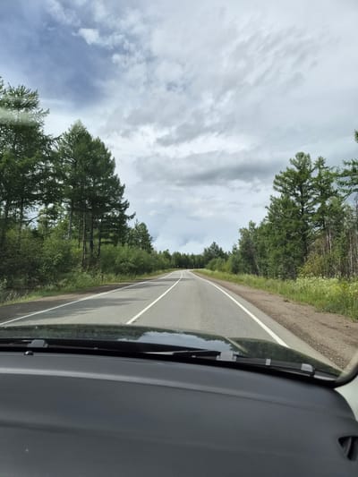 The image, taken from the interior of a vehicle, captures a view of a paved road in Verkh-Chita, Russia. The road curves to the left and is lined with tall, green coniferous trees on both sides. The sky is overcast with gray clouds, with some lighter patches indicating a break in the cloud cover. The dashboard of the car is visible in the foreground. The scene depicts a natural landscape along a driving route.