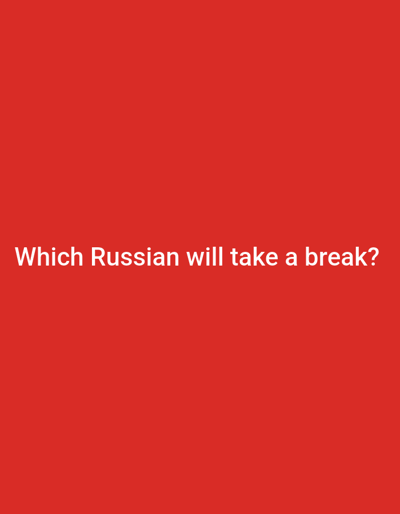 The image is a red background with white text that reads "Which Russian will take a break?". There is no information about the city of Таёжное, Russia.