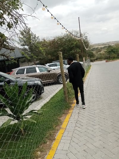 A man in a black suit and white sneakers walks along a brick sidewalk with a yellow curb. To his left is a wire fence with green grass and plants behind it. Several luxury cars are parked near the fence. String lights hang overhead, and the sky is cloudy. In the distance, a hill or plateau is visible.