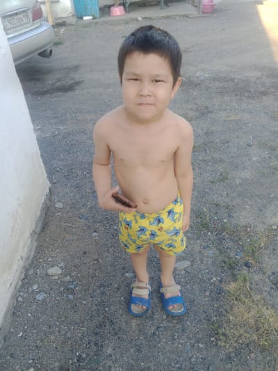 A young boy stands in an outdoor, gravelly area in Usharal, Kazakhstan. He is shirtless and wearing yellow swim trunks with a shark pattern and blue and beige sandals. He holds a dark-colored object, possibly a phone, in his right hand. To the left of the boy is a white wall, and behind him is a silver car with a license plate that reads "KZ 902ABN 19." The ground is covered in small rocks and sparse vegetation. In the background, there are some structures, including a blue barrel and a pink bucket. The lighting suggests it is daytime, with sunlight casting shadows.