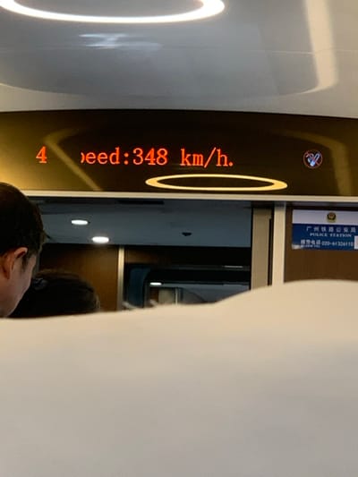 The image shows the interior of a high-speed train traveling at 348 km/h. The image is taken from the perspective of a passenger. The only person in the image is a man with his back to the camera, the top of his head is visible and a sliver of the right side of his face. The image is taken inside of a high-speed train with a brown interior. The image includes a sign in the background with a phone number, the sign states "Police Station." This appears to be a high-speed train, possibly a train belonging to the China Railway High-speed. The coordinates 30.856, 114.306 would place this location in Wuhan, Hubei province, China.