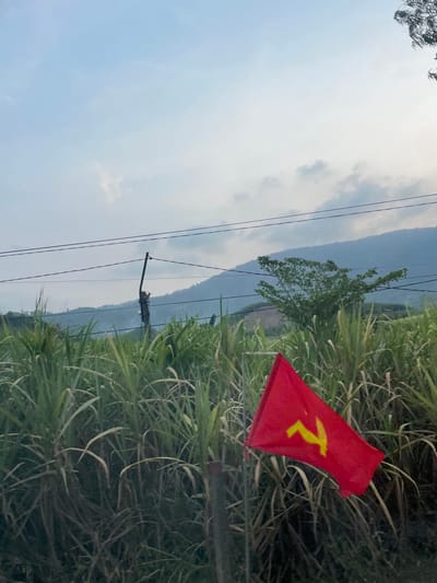 The image shows a red flag with a yellow hammer and sickle emblem, commonly associated with communist or socialist movements, positioned amongst tall, green grass or reeds. In the background, an overcast sky hangs over rolling hills or mountains. An electrical pole is visible, with power lines traversing the scene. The location is specified as Thôn 18, Vietnam.