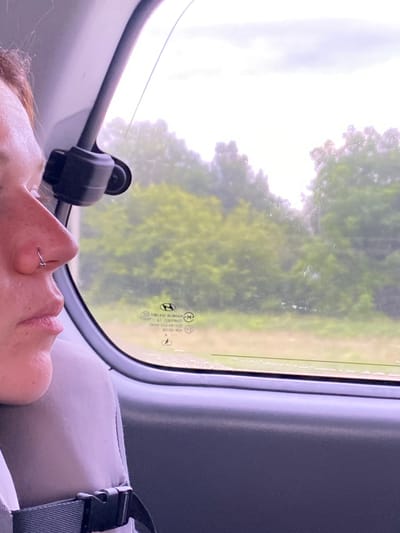 The image shows a close-up profile view of a person's face, including their nose with a small silver hoop piercing, their lips, and part of their cheek, all captured from inside a vehicle. The person is looking out of a window. Through the window, a blurry, green landscape of trees and sky is visible. The window itself has a visible sticker with text and symbols, suggesting it is a vehicle window. The interior of the vehicle is visible around the window and in the foreground, showing a gray seat with a black strap and buckle. The lighting suggests an overcast or hazy day.