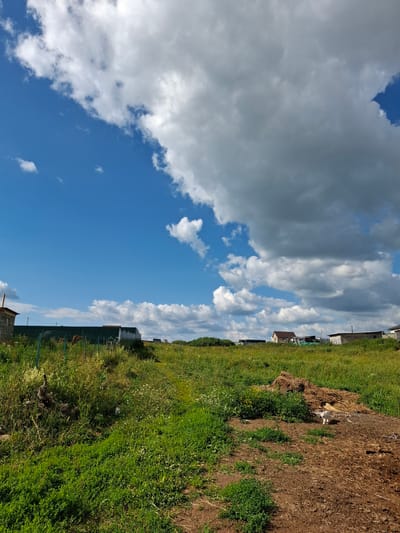 The image depicts a rural landscape in the village of Kosyakovo, Russia. The sky is a mixture of bright blue with scattered white cumulus clouds and large, dark gray storm clouds. In the foreground, a patch of dry, reddish-brown soil is visible, with a small pile of straw or hay. A white cat stands on the soil, facing left. The ground transitions to a grassy, uneven slope covered in green vegetation, with some wildflowers and scattered deadwood. A fence, likely made of metal mesh and poles, encloses an area with more vegetation. In the middle ground, several rural structures are scattered across the landscape, including houses with pitched roofs and sheds with corrugated metal siding. Some of these structures appear to be under construction or in disrepair. The overall impression is of a semi-developed rural area on a day with dynamic weather.