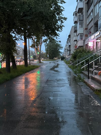 The image depicts a wet sidewalk in front of a multi-story apartment building on a street in Nevyansk, Russia. The sky is overcast and the ground is glistening with rain, reflecting the orange and green lights of traffic signals and storefronts. Tall trees line the left side of the sidewalk, their leaves dark and lush against the muted sky. The apartment building to the right is made of grey brick, with multiple balconies jutting out from its facade. Below the balconies, shops with illuminated signs are visible, including one with bright pink neon lighting. A set of stairs with metal railings leads up to the entrance of one of the shops. Several cars are parked or driving on the street in the background. The overall scene conveys a damp, urban atmosphere during twilight or an overcast day.