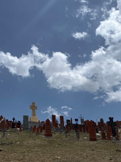 The image shows the Noratus Cemetery in Hartagyugh, Armenia. The cemetery features numerous khachkars (cross-stones), many made from a reddish-brown stone. These are arranged densely on a grassy field under a partially cloudy sky. The crosses vary in size and design, and some have carved decorations. The photograph appears to be taken on a clear day.