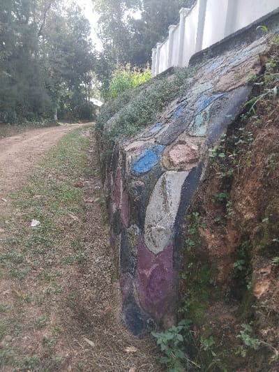 A stone wall features a colorful mosaic design with blues, purples, pinks, and grays. The wall is adjacent to a narrow dirt path, lined with sparse grass and weeds. Foliage and undergrowth cover the area above the wall. The angle suggests a pathway through a natural or park-like setting.