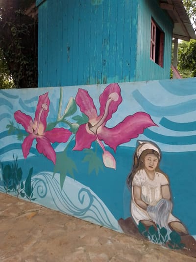A color photograph shows a painted mural on a wall in front of a light blue wooden building in Villa Hayes, Paraguay. The mural features two pink flowers and a painted depiction of a young woman in a white dress and headscarf. The woman is seated and appears to be holding a water container. The background of the mural is light blue with stylized wave patterns. Some plants are painted on the wall surrounding the figures. The wooden building behind the mural has a red-framed window. Vegetation is visible behind the building. The ground in front of the mural is made of concrete.