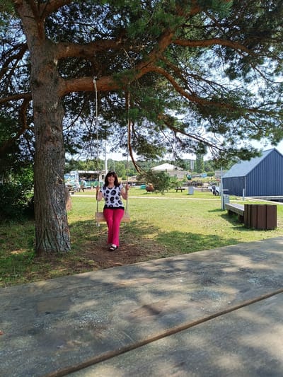 A full-shot, eye-level, outdoor, daytime, horizontal image shows a woman sitting on a wooden swing hanging from a large pine tree. The woman is on the right side of the frame, looking directly at the camera. She has shoulder-length brown hair and is wearing sunglasses on her head. She is dressed in a black and white patterned t-shirt and bright pink pants, with black sandals. The swing's wooden seat is visible, along with its rope supports. The pine tree is large with a textured brown trunk and branches spread across the top of the frame, creating a dappled light effect on the ground.

The background depicts a grassy area with a picnic table in the foreground, partially obscuring the view. Further back, several buildings are visible, including a dark blue, modern structure with a sloped roof on the right. To the left of this building, there are scattered picnic tables, benches, and what appears to be a food truck. In the distance, more trees and a body of water can be seen, suggesting a park or recreational area. The image is captured on a sunny day with a clear blue sky. This location is likely the Pāvilosta Seaside Park in Pāvilosta, Latvia, known for its natural beauty and recreational facilities.