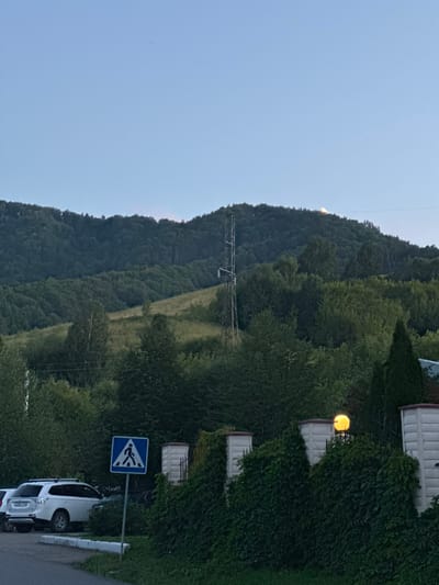 The image depicts a rural or suburban landscape in Danilovka, Altai Krai, Russia, during twilight. In the foreground, a white SUV is parked on the left side of the frame, with a pedestrian crossing sign positioned on the road. A concrete fence, overgrown with ivy, runs along the middle ground, with a glowing outdoor light fixture visible above the greenery. Behind the fence, a dense forest covers rolling hills that lead up to a treeless summit. A tall, metal communication tower stands on the left side of the hill, and the moon is partially visible rising over the top of the hill on the right. The sky is a clear, pale blue, indicating the transition from day to night.