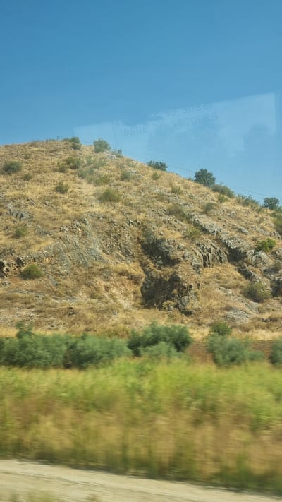 The image depicts a dry, rocky hillside covered in sparse, golden-brown vegetation. Small green bushes are scattered across the slope, and a few trees are visible near the crest. The terrain is uneven, with exposed rock formations and shadows indicating the sunlight is casting from the right. In the foreground, a blurred band of green foliage and dry grasses suggests movement, likely from a vehicle passing by. A reflection on a surface, possibly a window, shows partial text that appears to be in French, reading "ISSUE DE SECOURS" and numbers like "22 30 3022." The sky is a clear, bright blue. There are no people or animals visible in the image, and the scene is devoid of any urban elements suggesting it is not located in the city of Raxa, Greece.