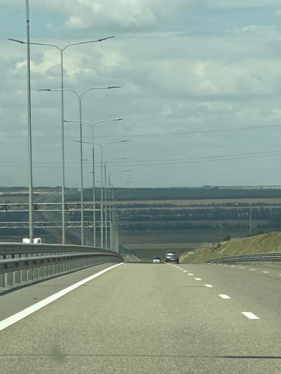 The image depicts a highway overpass or bridge with a row of streetlights on the left side. The road is paved and has white lane markings. There are a few vehicles on the road in the distance, including a red van and a white car. The landscape on either side of the highway appears to be rural, with fields and some trees. The sky is cloudy. The specific location in Grushevskaya, Russia, is not identifiable from the image alone.