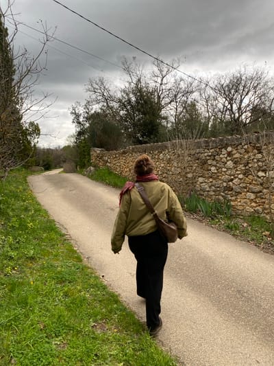 An individual is depicted walking away from the camera on a paved, single-lane road in Bonnieux, France, under an overcast sky. The subject, viewed from the rear, has light brown hair secured in a bun and wears an olive-green bomber jacket, a patterned red scarf around the neck, black trousers, and dark-colored shoes. A brown leather shoulder bag is visible, slung across their left shoulder. To the immediate left of the road is a strip of green grass containing small yellow wildflowers. To the right, a low, dry-stacked stone wall, constructed from light-colored stones, runs parallel to the road. Beyond this wall, a mix of deciduous trees with bare branches and evergreen foliage is present. Overhead, two dark utility lines extend horizontally across the upper portion of the frame.