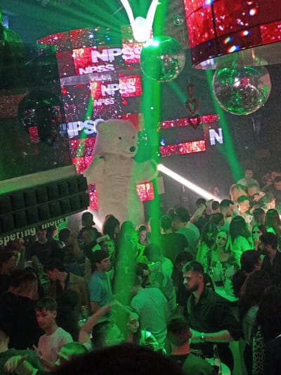 The image captures a crowded, high-energy indoor nightclub scene located in Pamporovo, Bulgaria. The central feature is a large, white, bipedal bear mascot standing prominently on an elevated platform, illuminated by a direct white spotlight beam emanating from the right, with its left arm raised.
The club's environment is characterized by intense, dynamic lighting, including multiple green laser beams and spotlights that crisscross the space, particularly highlighting the crowd and the upper areas. Two large, spherical disco balls, glowing green from the ambient lighting, hang from the ceiling. The background is dominated by a large, curved LED screen display showing the white text "NPSS" on a red, sparkling, pixelated pattern. Additional red heart-shaped decorations are suspended in the upper-right area.
To the left, a large, multi-component professional audio speaker system is visible, with the word "Whispering" partially discernible on its side, confirming a venue designed for loud music.
The main floor is densely packed with a diverse crowd of individuals, predominantly young adults. They are standing, observing, and socializing within the green-lit environment. Several individuals are holding drinks. On the lower right, a bar area is partially visible with bottles and glassware, where several patrons are gathered. The overall scene depicts a vibrant entertainment event within a nightlife establishment.