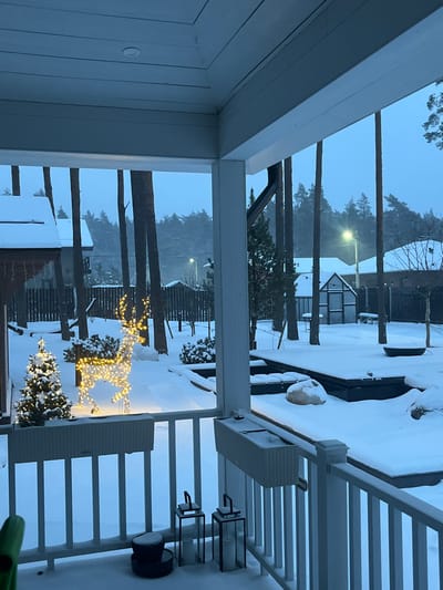A snowy scene is viewed from under a white porch. Tall trees are visible beyond a decorative light-up reindeer and a small Christmas tree. Snow covers the ground and building roofs. A black fence is seen in the background. Outdoor furniture like a lantern and planters are coated with snow on the porch. The photo seems to have been taken during dusk or in low lighting conditions.