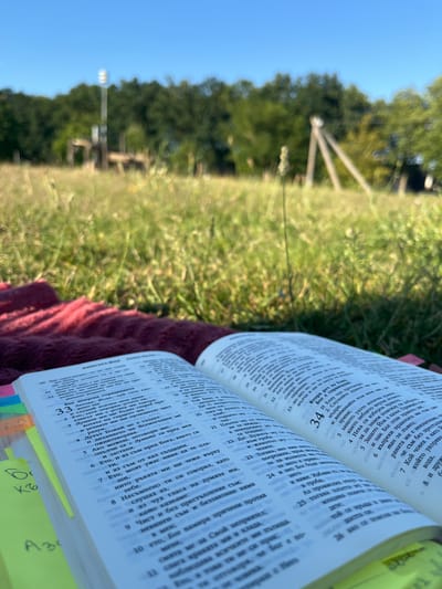 An open book with scripture rests on a plush burgundy blanket spread on a grassy field. The pages of the book are filled with text in Bulgarian. Several colored tabs, appearing to be used for marking pages, are visible on the left side of the book. In the background, out-of-focus trees and a blue sky are visible. The scene is set outdoors.