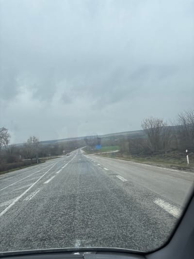 The image displays a two-lane asphalt road near Ovcha Mogila, Bulgaria, under an overcast sky. The sky is uniformly gray and heavily clouded, dominating the upper portion of the scene. The road surface appears wet or damp, exhibiting a textured, granular appearance with worn white lane markings, including solid lines on the left and dashed lines along the center, receding into the distance. The perspective is from inside a vehicle, with the dashboard visible at the bottom.
On the left side of the road, a wider shoulder or additional lane segment is visible with white markings. Bare-branched trees line this side. In the mid-distance on the left lane, a white sedan and a darker vehicle are observed. Road signs, partially obscured, are present on poles further down the left.
On the right side, a narrower, unpaved shoulder borders the road, alongside which sparse, bare-branched vegetation grows. A white and red reflective marker post stands vertically on the far right. Further down the road, a blue and white rectangular sign is visible on the right. The background consists of undulating hills covered with sparse, possibly deciduous, vegetation and patches of light green fields, extending to the horizon beneath the low cloud cover.