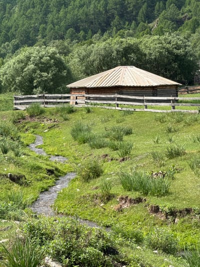 The image depicts a rustic wooden building with a conical roof, resembling a traditional yurt or hut, situated on a grassy hillside. A weathered wooden fence encloses the area around the building. In the foreground, a narrow stream meanders through the lush green landscape, which is dotted with various types of vegetation. The background is dominated by a dense forest of green trees, suggesting a natural, rural setting. The scene is set during daylight hours, with visible sunlight casting shadows. The image was taken in the city of Kazanovka, Russia.