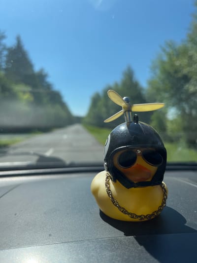 A close-up, eye-level shot shows a novelty yellow rubber duck sitting on a car's dashboard. The duck is adorned with a black helmet featuring a propeller on top, dark sunglasses with rhinestones, and a gold chain around its neck. The background is blurred, revealing a sunlit road with trees lining both sides, suggesting a scenic drive. The car's interior, particularly the textured dashboard, is in focus in the foreground. The scene is set in an outdoor, daytime environment under a clear blue sky. The location is not specified as Simekeikasy, Russia, or any other specific city or country.