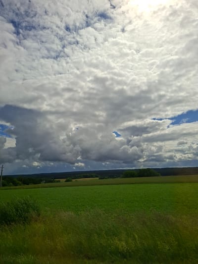 The image depicts a cloudy sky over a rural landscape. In the foreground, a green field is visible with some tall grass on the left. In the middle ground, there is another green field and a distant line of trees. The sky is filled with a mix of bright white and dark gray clouds, with patches of blue sky visible. The scene is suggestive of an outdoor environment in a rural area, likely in Lithuania based on the provided location context of Žvyrynai. There are no people or animals present in the image. The overall mood is atmospheric, with the light filtering through the clouds.
