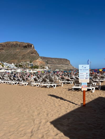 The image shows a beach in Tenerife, Canary Islands, Spain, specifically the beach located at coordinates 27.818, -15.764. The beach is mostly empty except for a line of lounge chairs lined up in a row. In the distance, there are buildings and a large cliff. A sign in Spanish advertises the prices of beach chairs, umbrellas, and other items for rent. The sky is bright blue, and the sand is light brown. The scene is peaceful and serene.