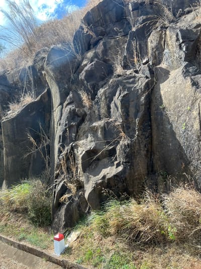 A rocky cliff face is angled, showing dark, textured stone with sparse, dried vegetation clinging to its surface. To the right, green and brown grasses grow, with a small, red and white marker post standing among them. The sky with scattered clouds can be seen on the left side.