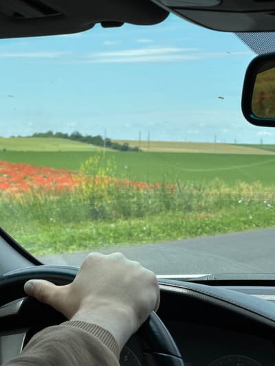 An over-the-shoulder shot from inside a vehicle shows a person's left hand on the steering wheel. The hand is positioned at the 8 o'clock position on the wheel. The person is wearing a brown sweater. The windshield of the car is visible, with a landscape beyond. The landscape includes a road to the right, a field of red poppies and green grass in the middle ground, and rolling green hills and a pale blue sky with scattered clouds in the background. The image was taken in Sychavka, Ukraine.